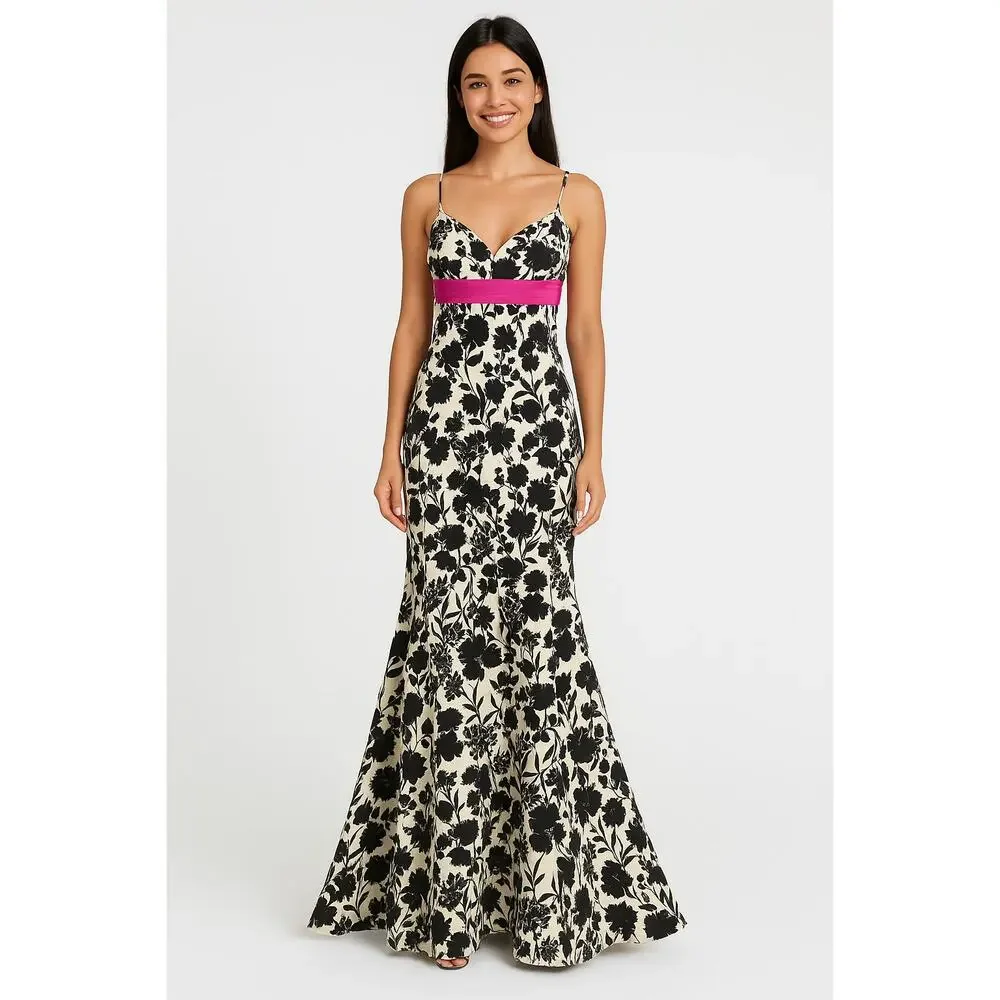 Y2K‎ Maxi Dress Formal 10 Satin Black White Pink Floral Prom Kentucky Derby